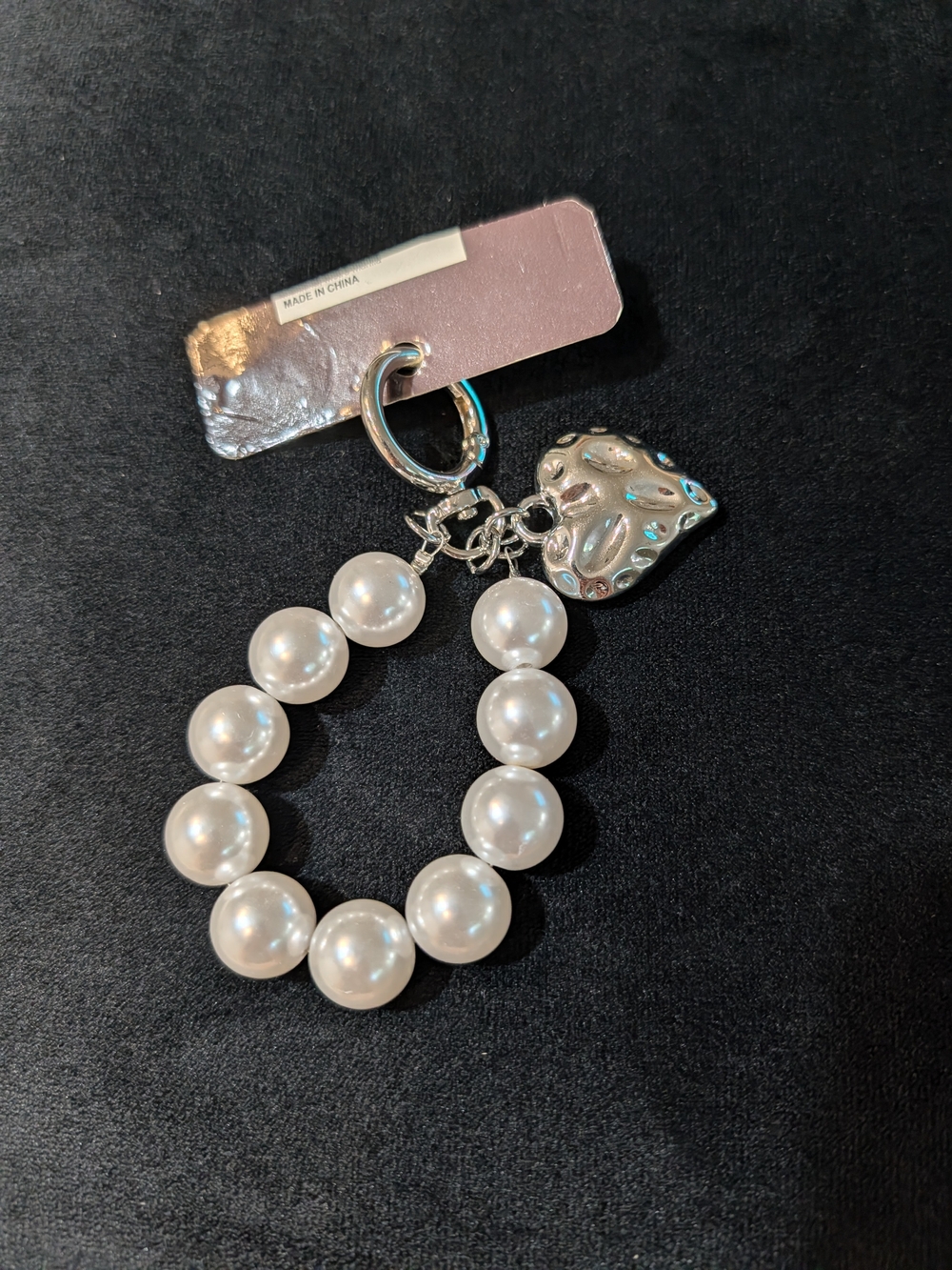 Pearl Bead Keychain with Silver Heart Charm